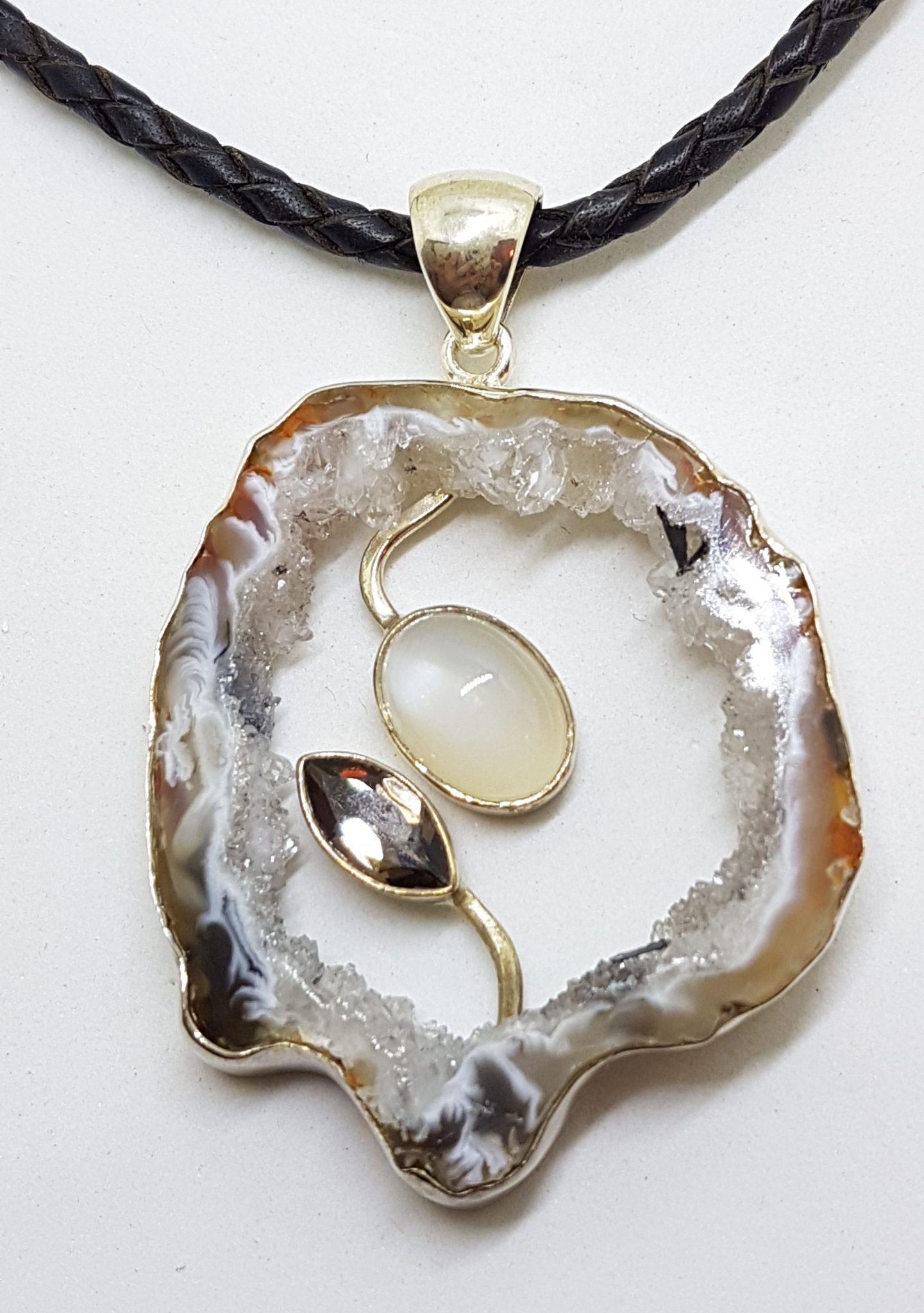 20200815_130246 Sterling Silver Druzy Agate with Moonstone and Smokey Quartz Pendant on Black Chain