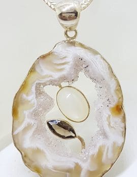 Sterling Silver Druzy Agate with Moonstone and Smokey Quartz Pendant on Thick Silver Chain