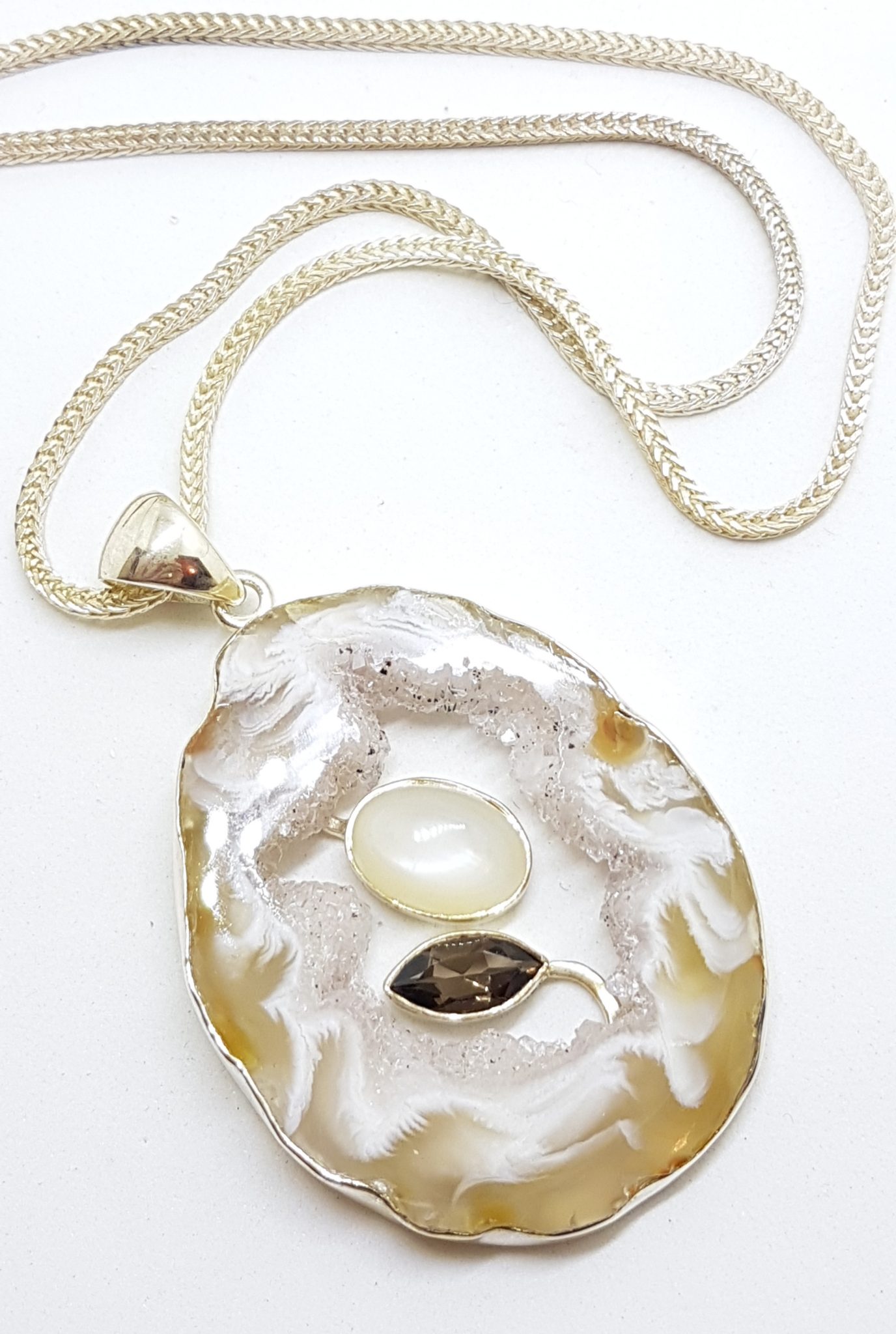 20200815_130329 Sterling Silver Druzy Agate with Moonstone and Smokey Quartz Pendant on Thick Silver Chain