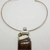 Sterling Silver Large Tiger Eye with Pearl, Amethyst and Peridot Pendant on Silver Choker Chain / Necklace