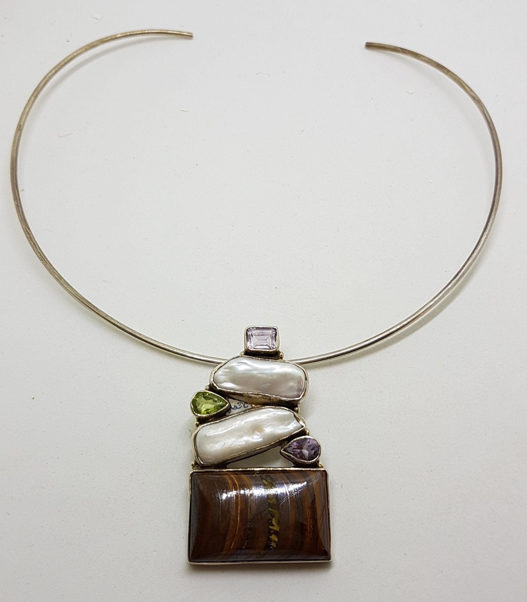 Sterling Silver Large Tiger Eye with Pearl, Amethyst and Peridot Pendant on Silver Choker Chain / Necklace