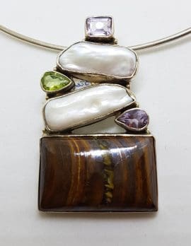 Sterling Silver Large Tiger Eye with Pearl, Amethyst and Peridot Pendant on Silver Choker Chain / Necklace