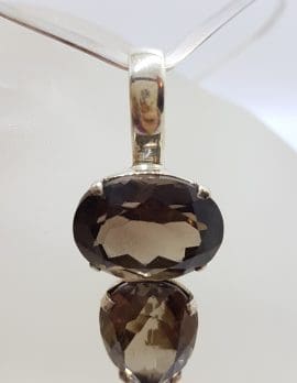 Sterling Silver Oval & Pear Shape / Teardrop Smokey Quartz Pendant on Silver Choker Chain / Necklace