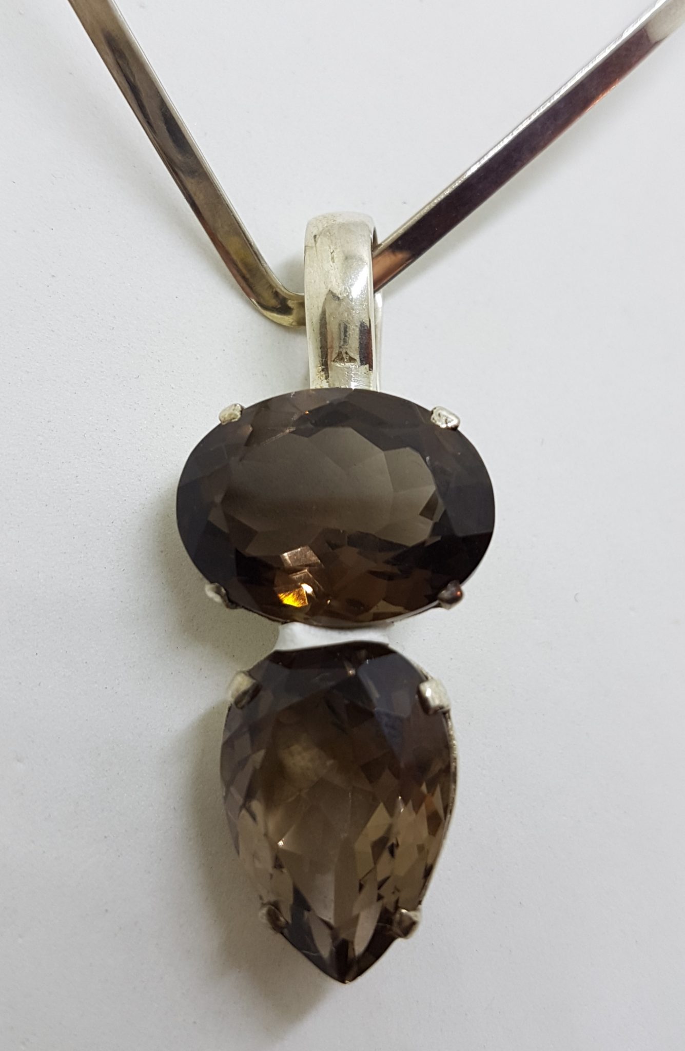 20200815_130825 Sterling Silver Oval & Pear Shape / Teardrop Smokey Quartz Pendant on Silver Choker Chain / Necklace