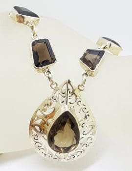 Sterling Silver Ornate Filigree Smokey Quartz Chain Necklace