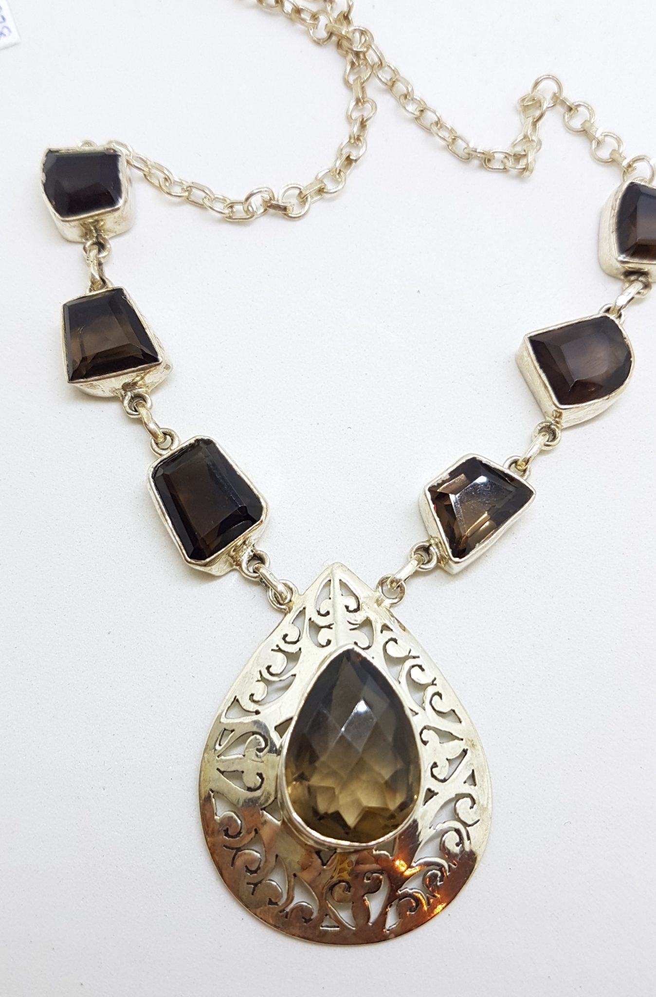Sterling Silver Ornate Filigree Smokey Quartz Chain Necklace