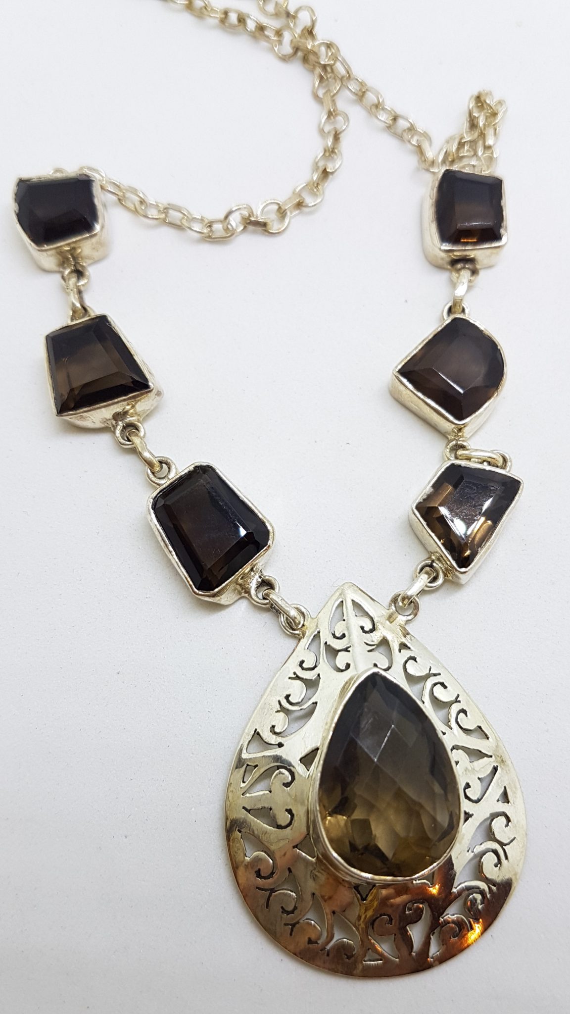 Sterling Silver Ornate Filigree Smokey Quartz Chain Necklace