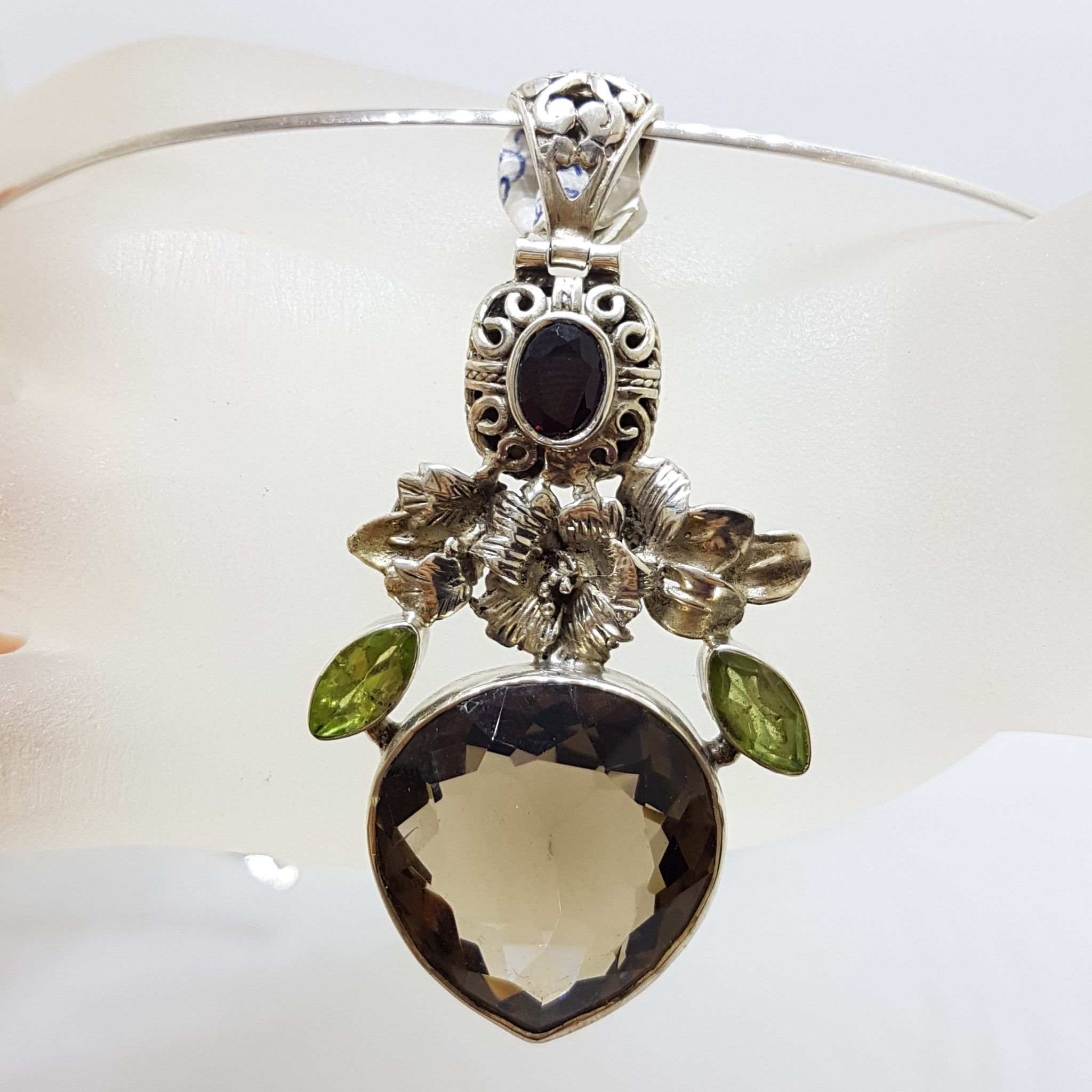 Sterling Silver Large Pear Shape / Teardrop Smokey Quartz and Peridot Floral Pendant on Silver Choker Chain / Necklace