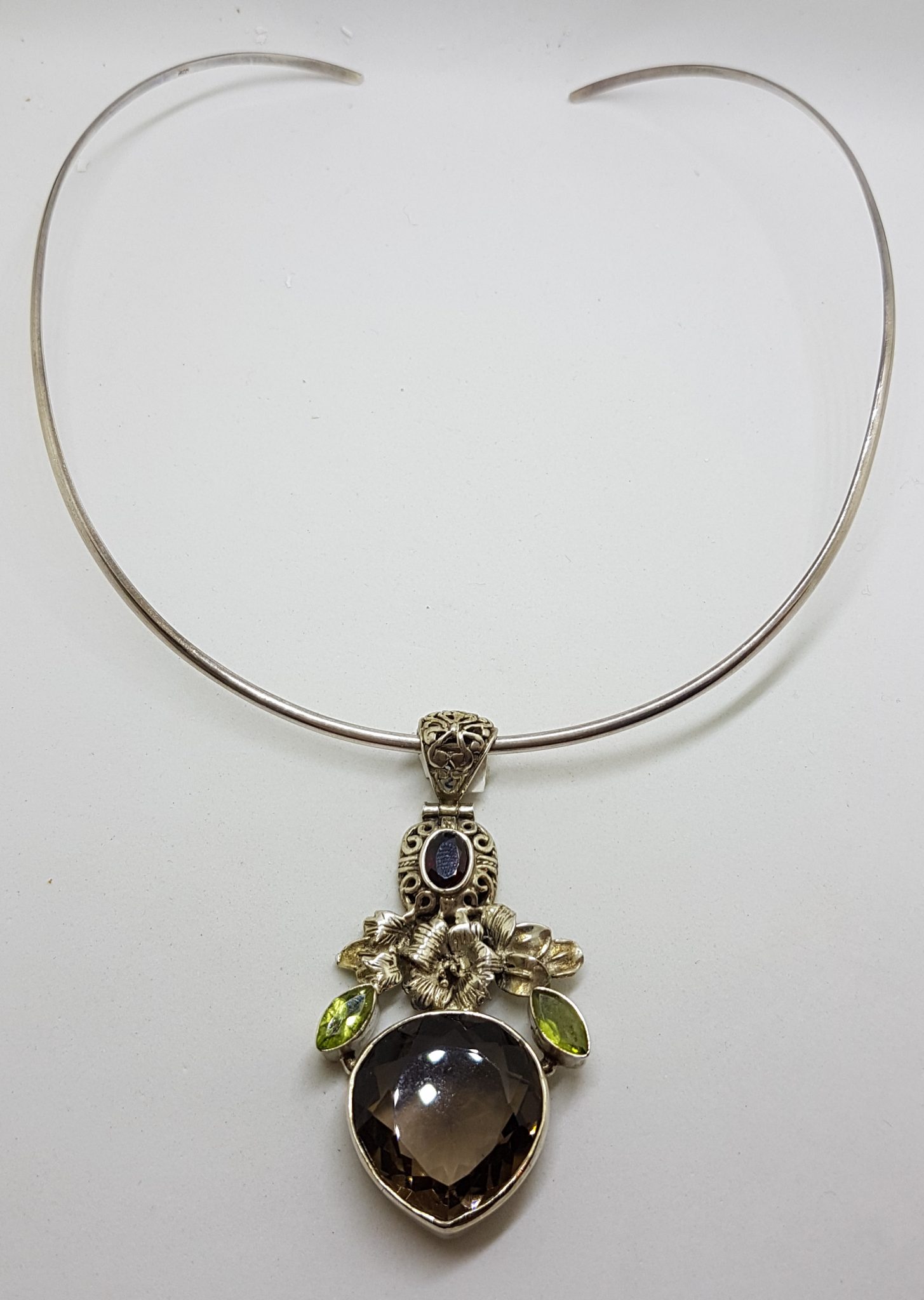 Sterling Silver Large Pear Shape / Teardrop Smokey Quartz and Peridot Floral Pendant on Silver Choker Chain / Necklace
