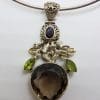 Sterling Silver Large Pear Shape / Teardrop Smokey Quartz and Peridot Floral Pendant on Silver Choker Chain / Necklace