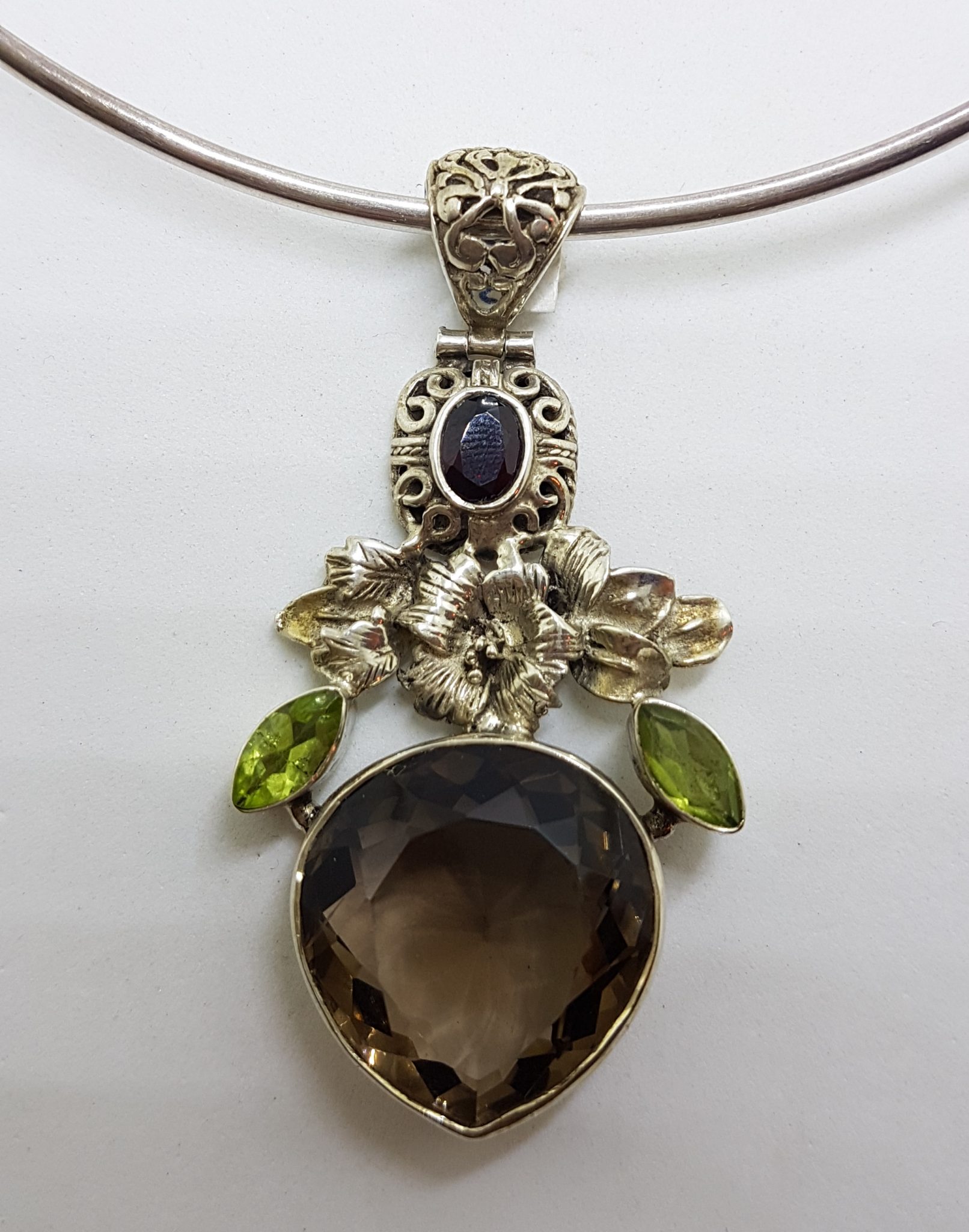 Sterling Silver Large Pear Shape / Teardrop Smokey Quartz and Peridot Floral Pendant on Silver Choker Chain / Necklace