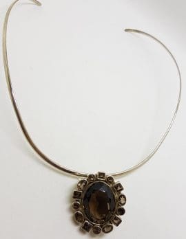 Sterling Silver Oval Smokey Quartz Cluster Pendant on Silver Choker Chain / Necklace