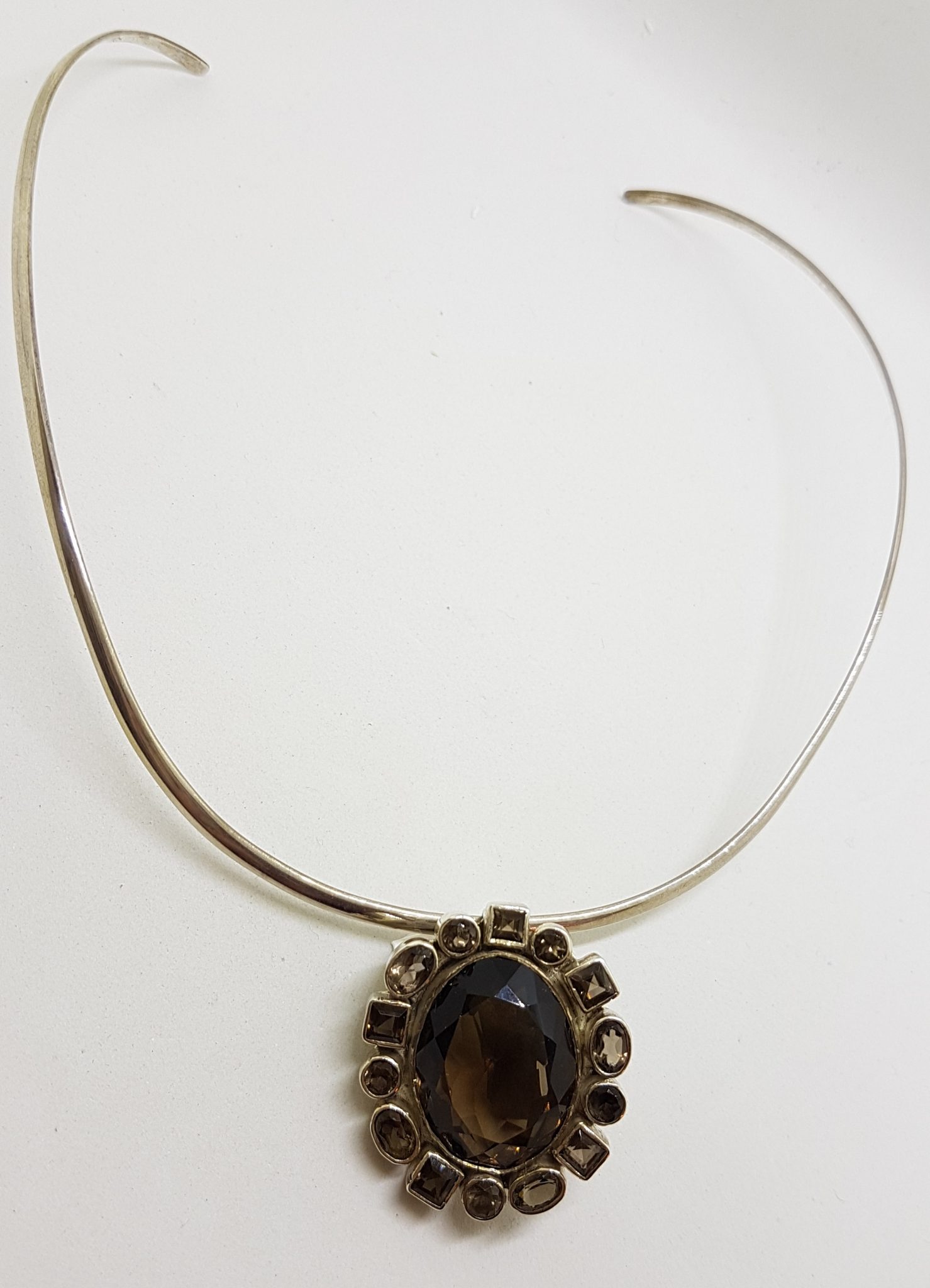 Sterling Silver Oval Smokey Quartz Cluster Pendant on Silver Choker Chain / Necklace