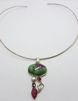 Sterling Silver Ruby Zoisite, Ruby, Pearl, Garnet and Green Amethyst / Prasiolite Cluster Pendant on Silver Choker Chain / Necklace