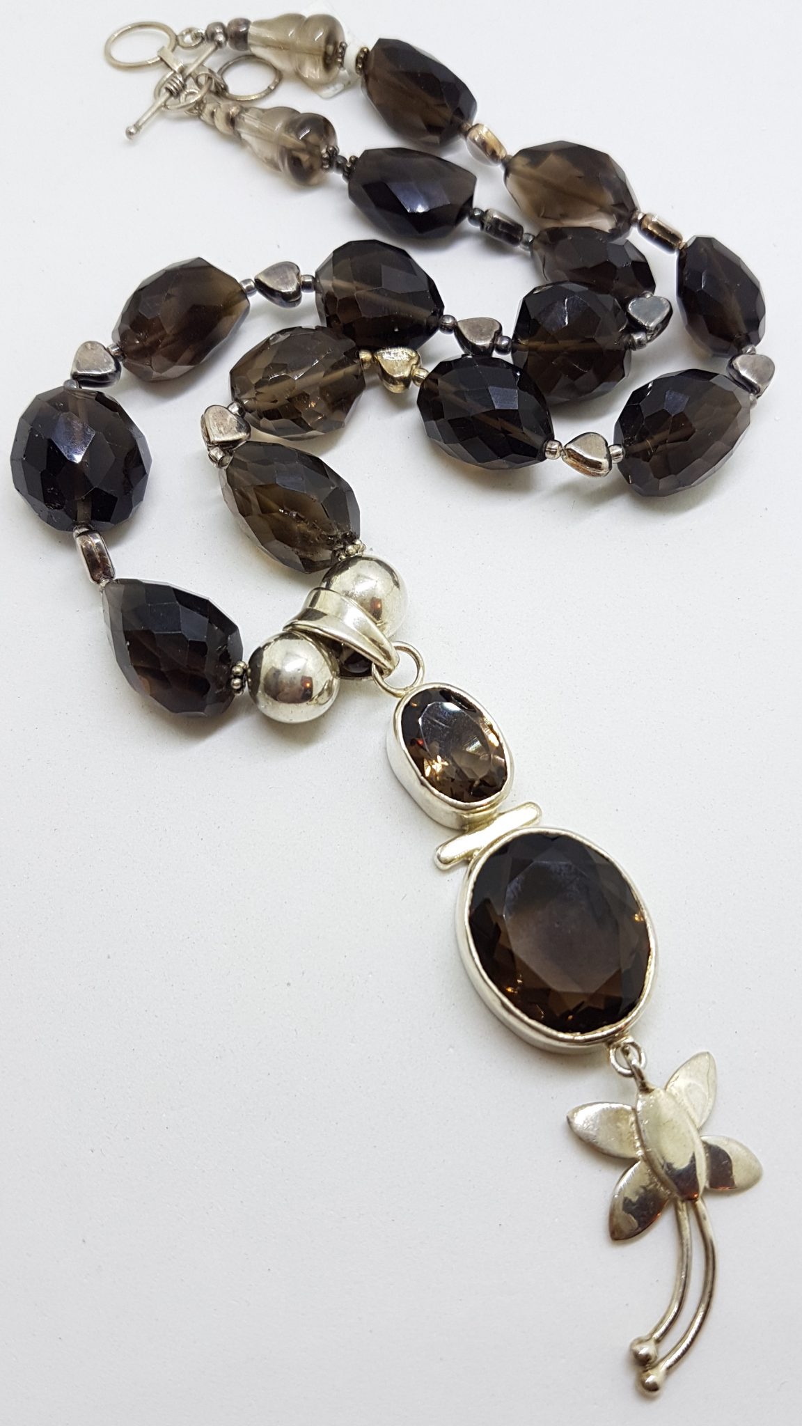 Sterling Silver with Dragonfly Ornate Smokey Quartz Bead Chain / Necklace
