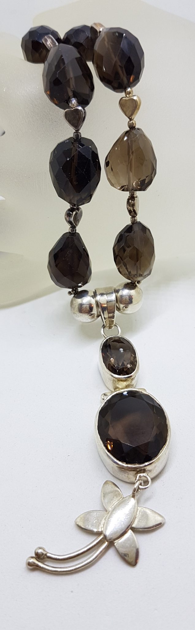 Sterling Silver with Dragonfly Ornate Smokey Quartz Bead Chain / Necklace