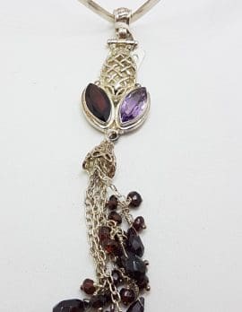 Sterling Silver Long Garnet and Amethyst Pendant on Choker Chain / Necklace
