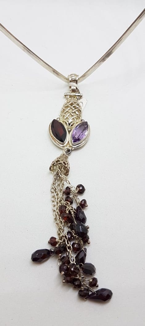 Sterling Silver Long Garnet and Amethyst Pendant on Choker Chain / Necklace