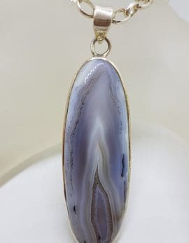 Sterling Silver Large Oval Grey Agate Pendant on Heavy Silver Chain
