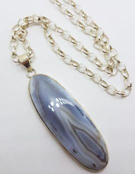 Sterling Silver Large Oval Grey Agate Pendant on Heavy Silver Chain