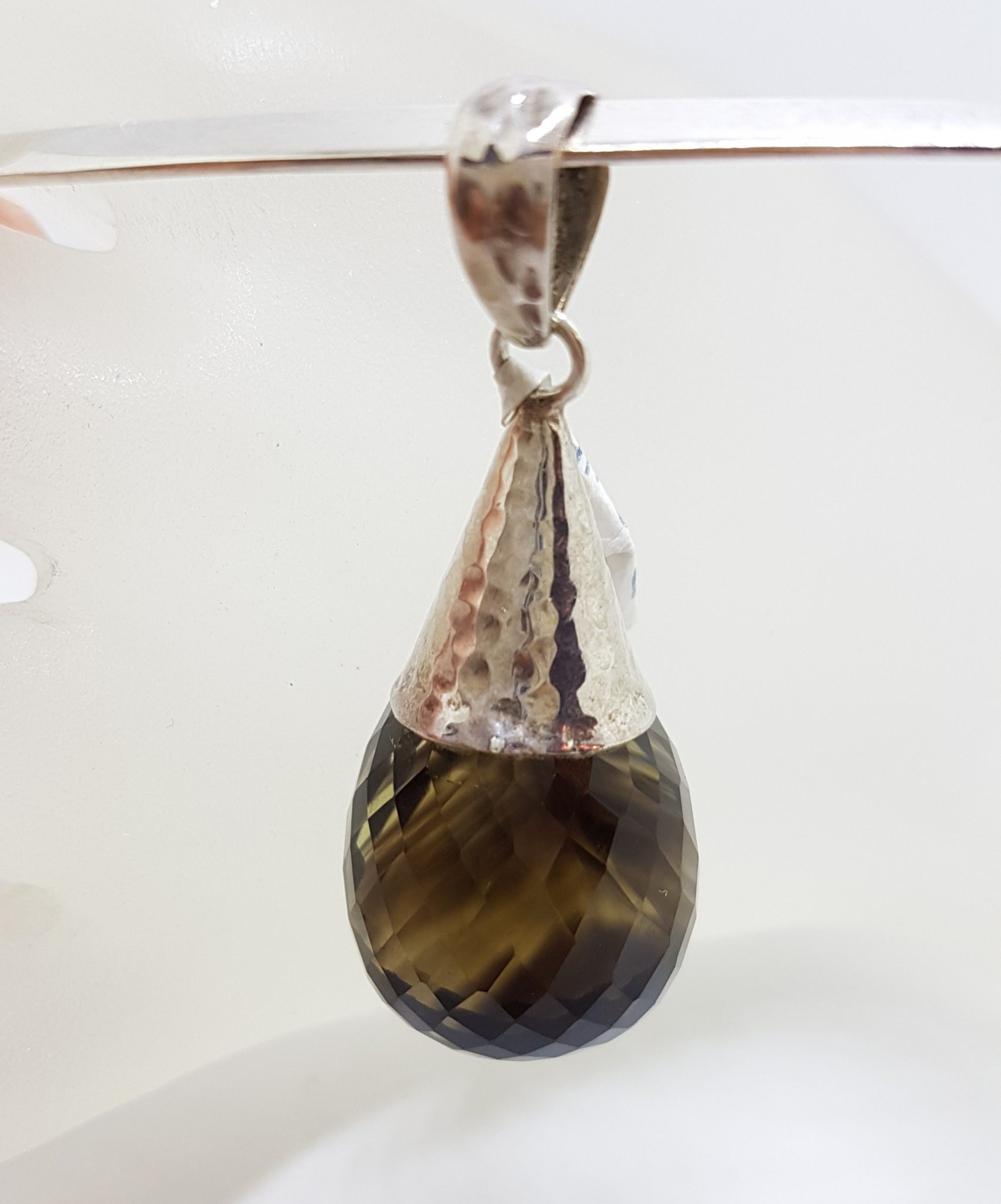 Sterling Silver Smokey Quartz Drop in Cone Pendant on Silver Choker Chain / Necklace