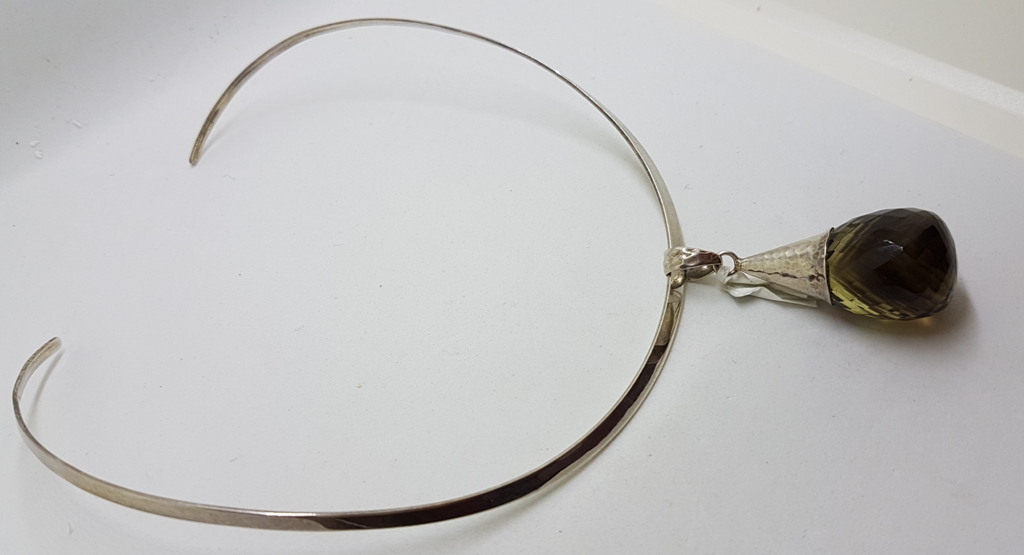Sterling Silver Smokey Quartz Drop in Cone Pendant on Silver Choker Chain / Necklace