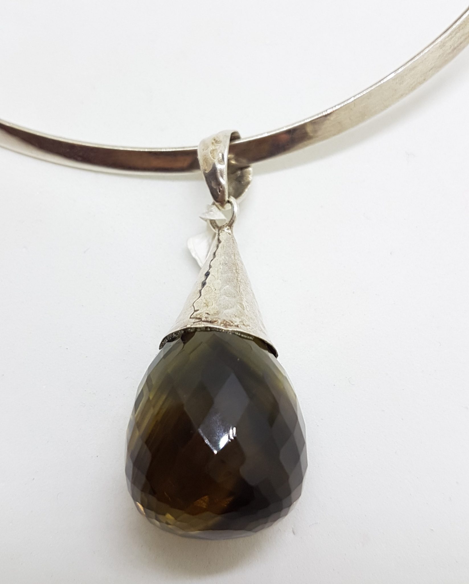 Sterling Silver Smokey Quartz Drop in Cone Pendant on Silver Choker Chain / Necklace