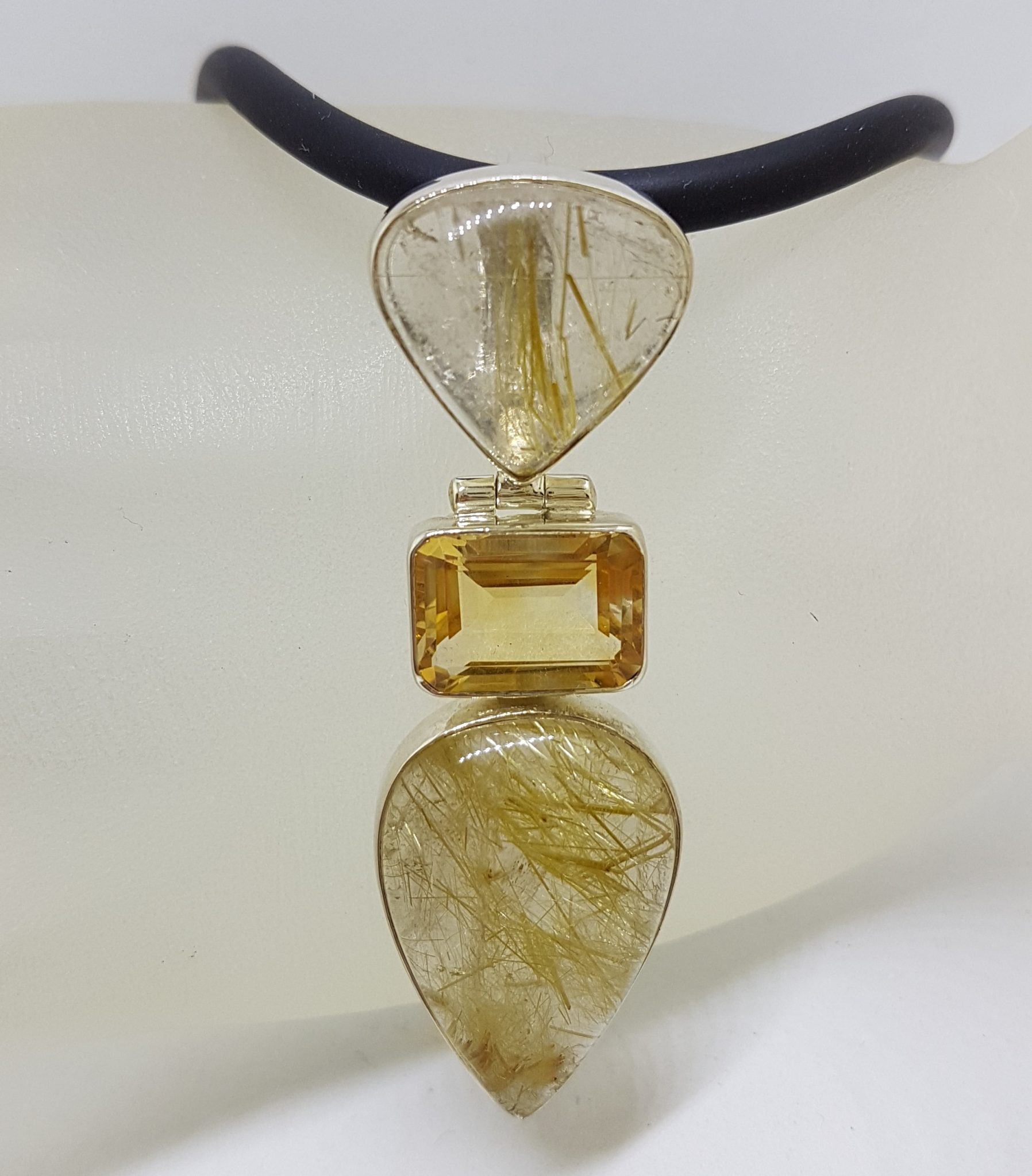 20200815_134739 Sterling Silver Large Rutilated Quartz and Citrine Pendant on Black Neoprene Chain