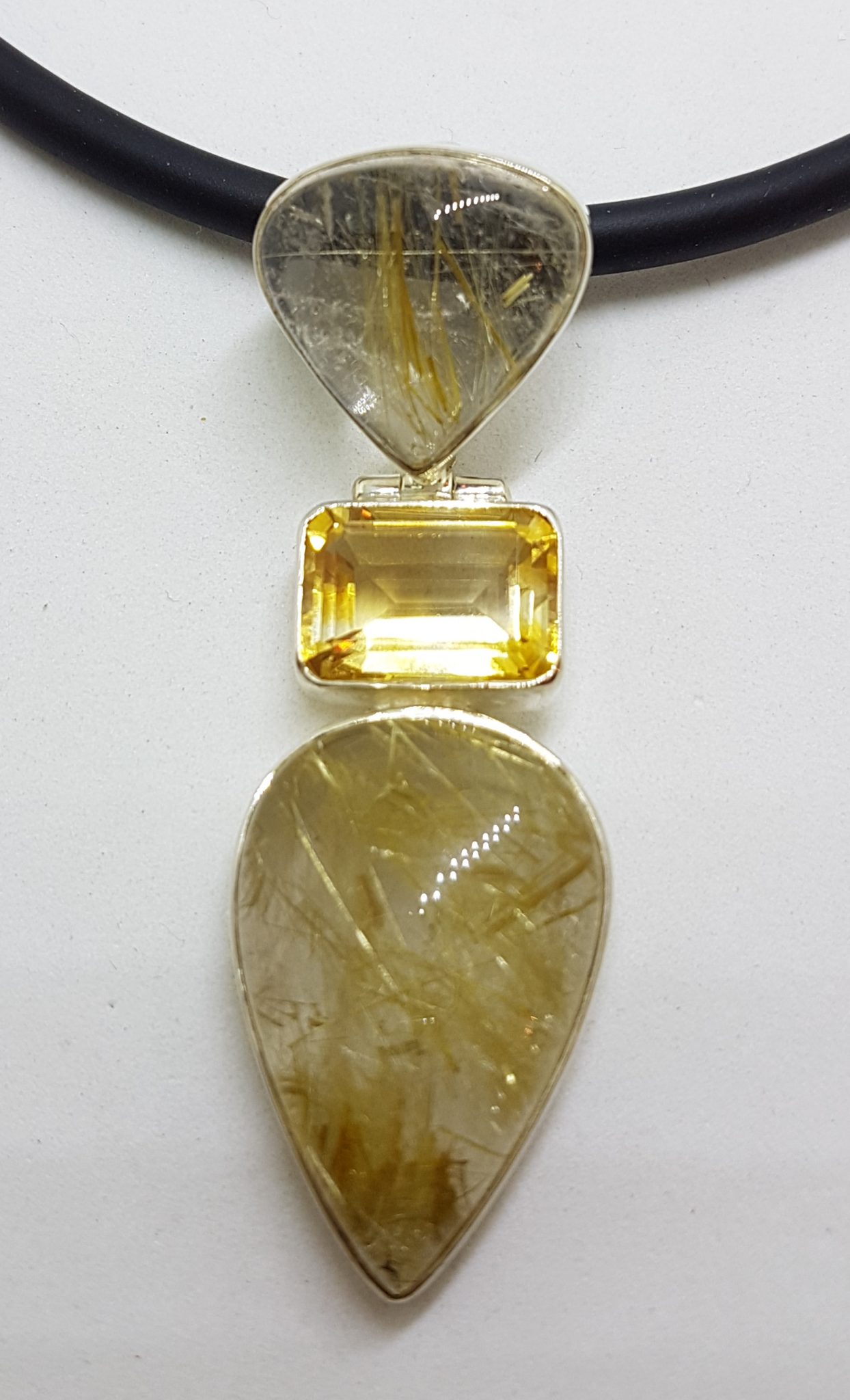 20200815_134814 Sterling Silver Large Rutilated Quartz and Citrine Pendant on Black Neoprene Chain