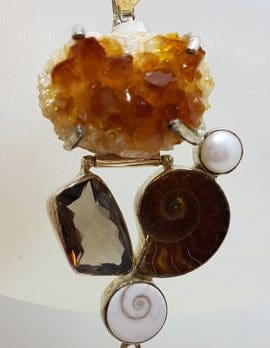 Sterling Silver Long Rough and Faceted Citrine with Smokey Quartz, Ammonite, Cats Eye Shell and Pearl Pendant on Silver Choker Chain / Necklace