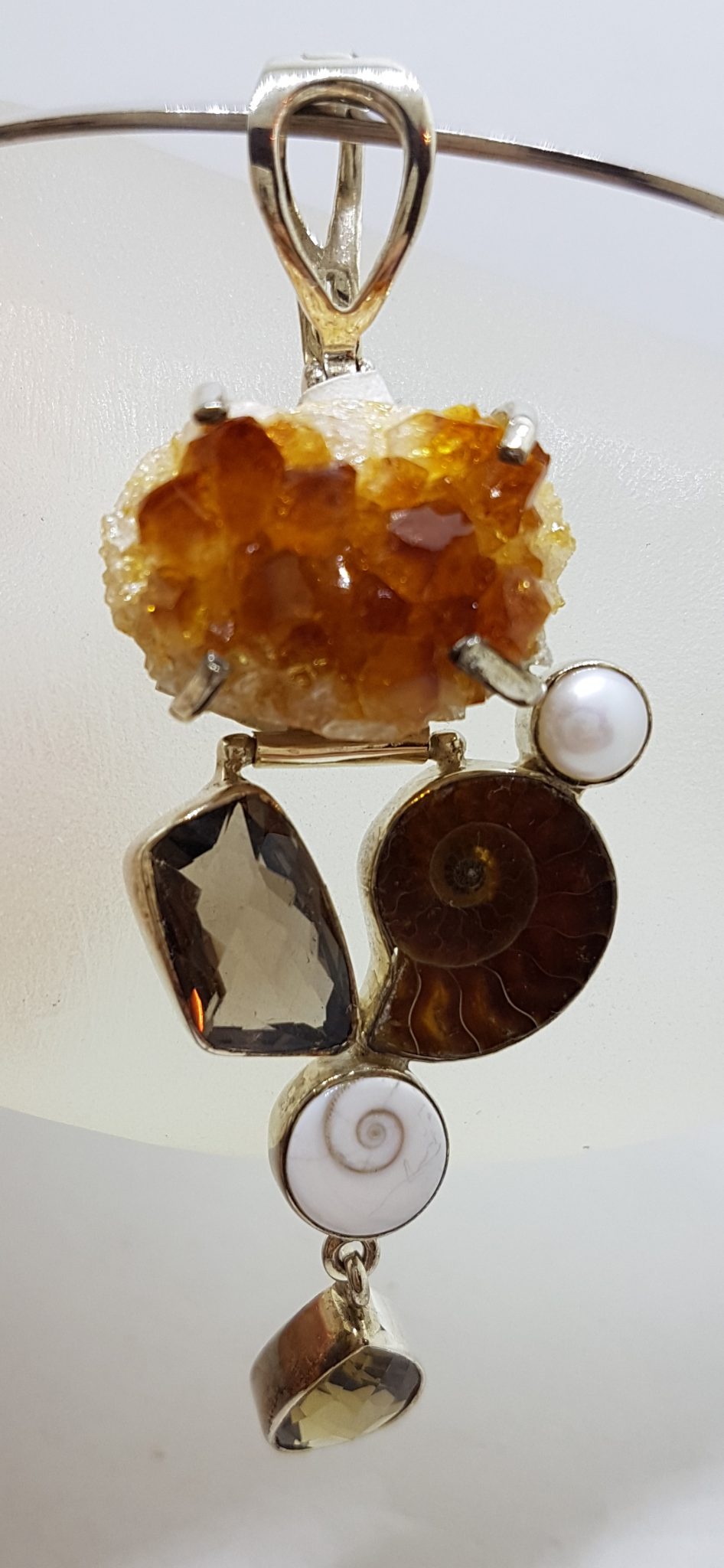 20200815_134912 Sterling Silver Long Rough and Faceted Citrine with Smokey Quartz, Ammonite, Cats Eye Shell and Pearl Pendant on Silver Choker Chain / Necklace