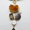 Sterling Silver Long Rough and Faceted Citrine with Smokey Quartz, Ammonite, Cats Eye Shell and Pearl Pendant on Silver Choker Chain / Necklace