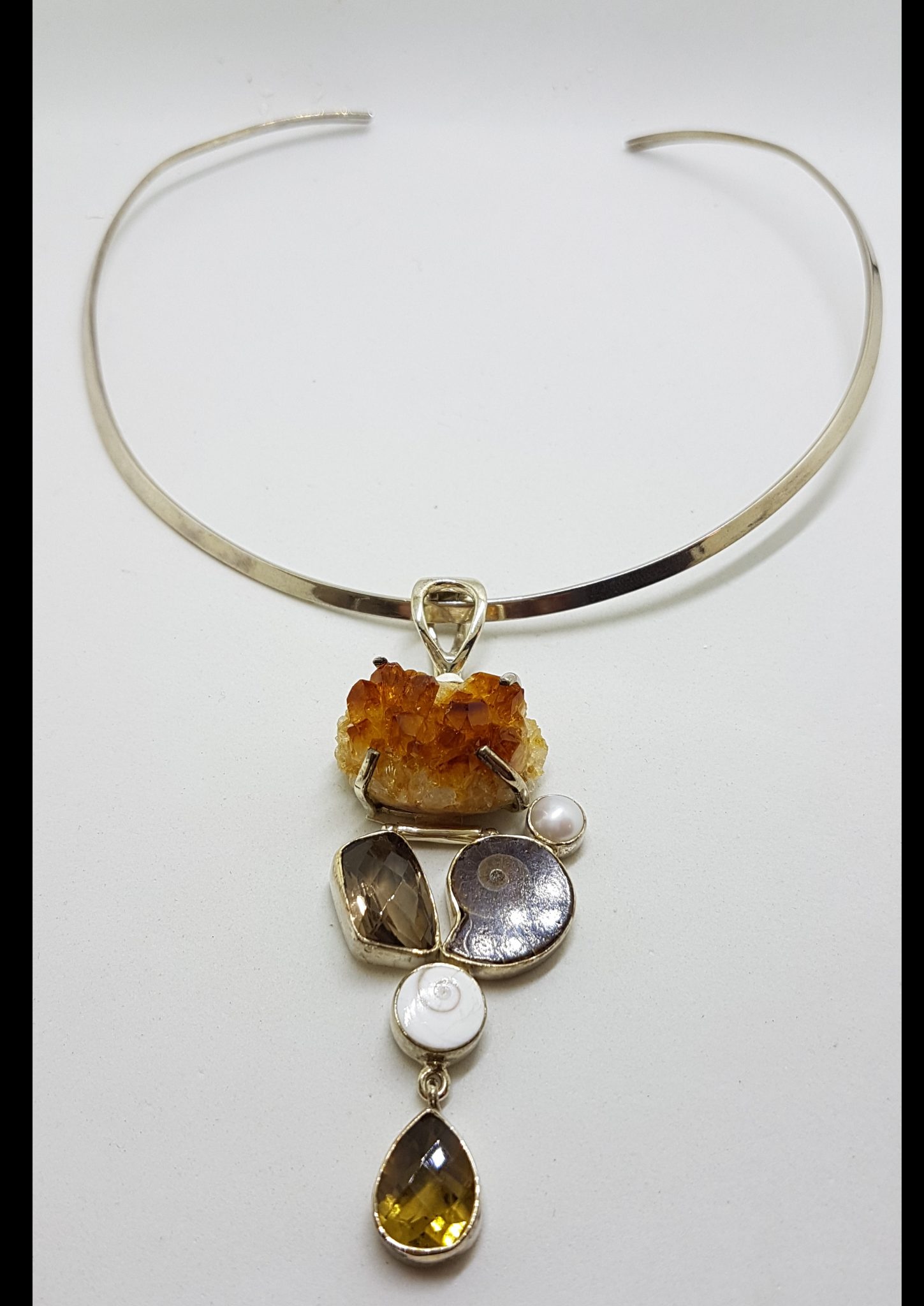 20200815_134940 Sterling Silver Long Rough and Faceted Citrine with Smokey Quartz, Ammonite, Cats Eye Shell and Pearl Pendant on Silver Choker Chain / Necklace