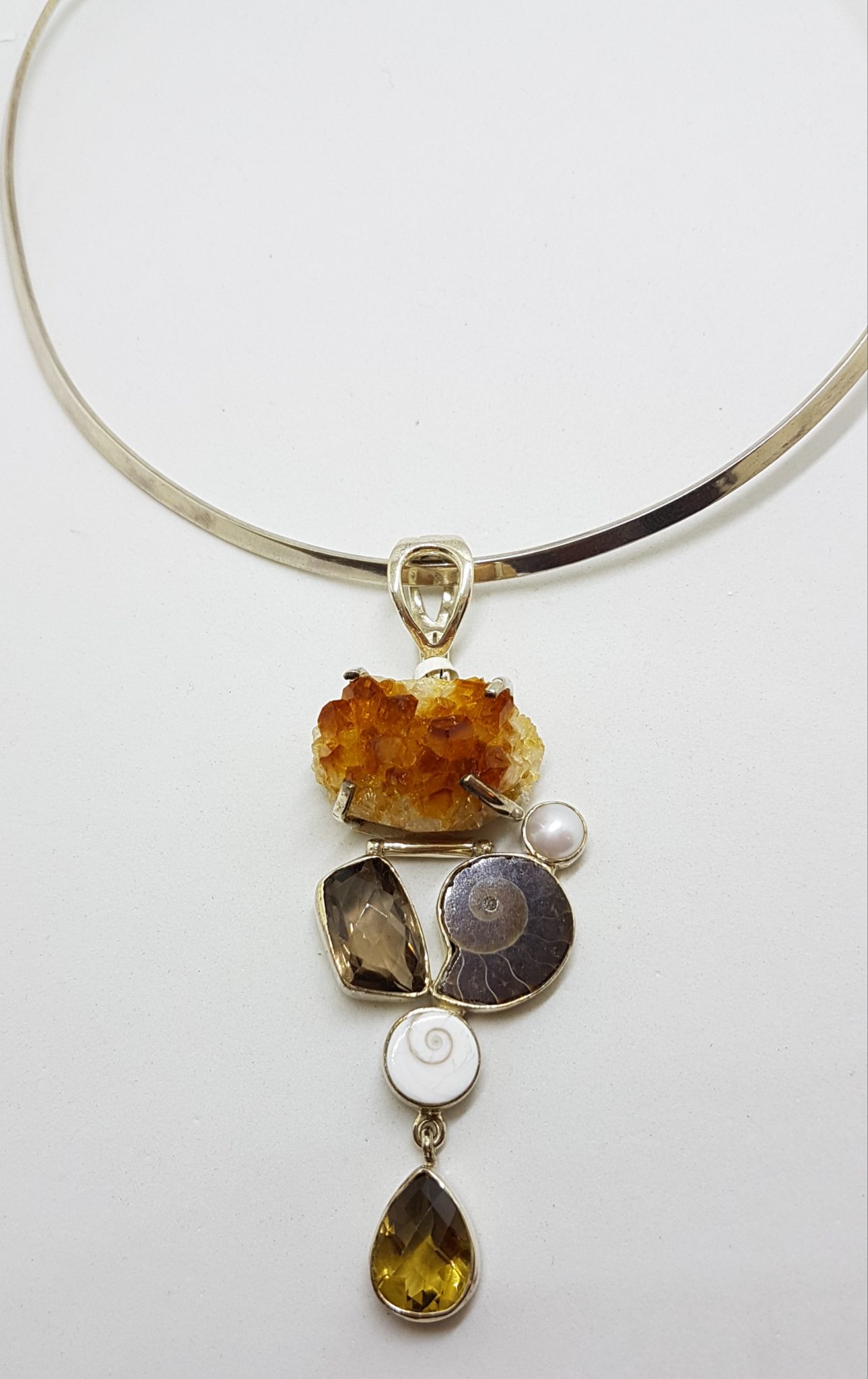 20200815_134954 Sterling Silver Long Rough and Faceted Citrine with Smokey Quartz, Ammonite, Cats Eye Shell and Pearl Pendant on Silver Choker Chain / Necklace