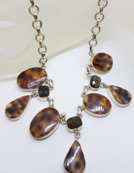 Sterling Silver Smokey Quartz and Brown Shell Long Chain / Necklace