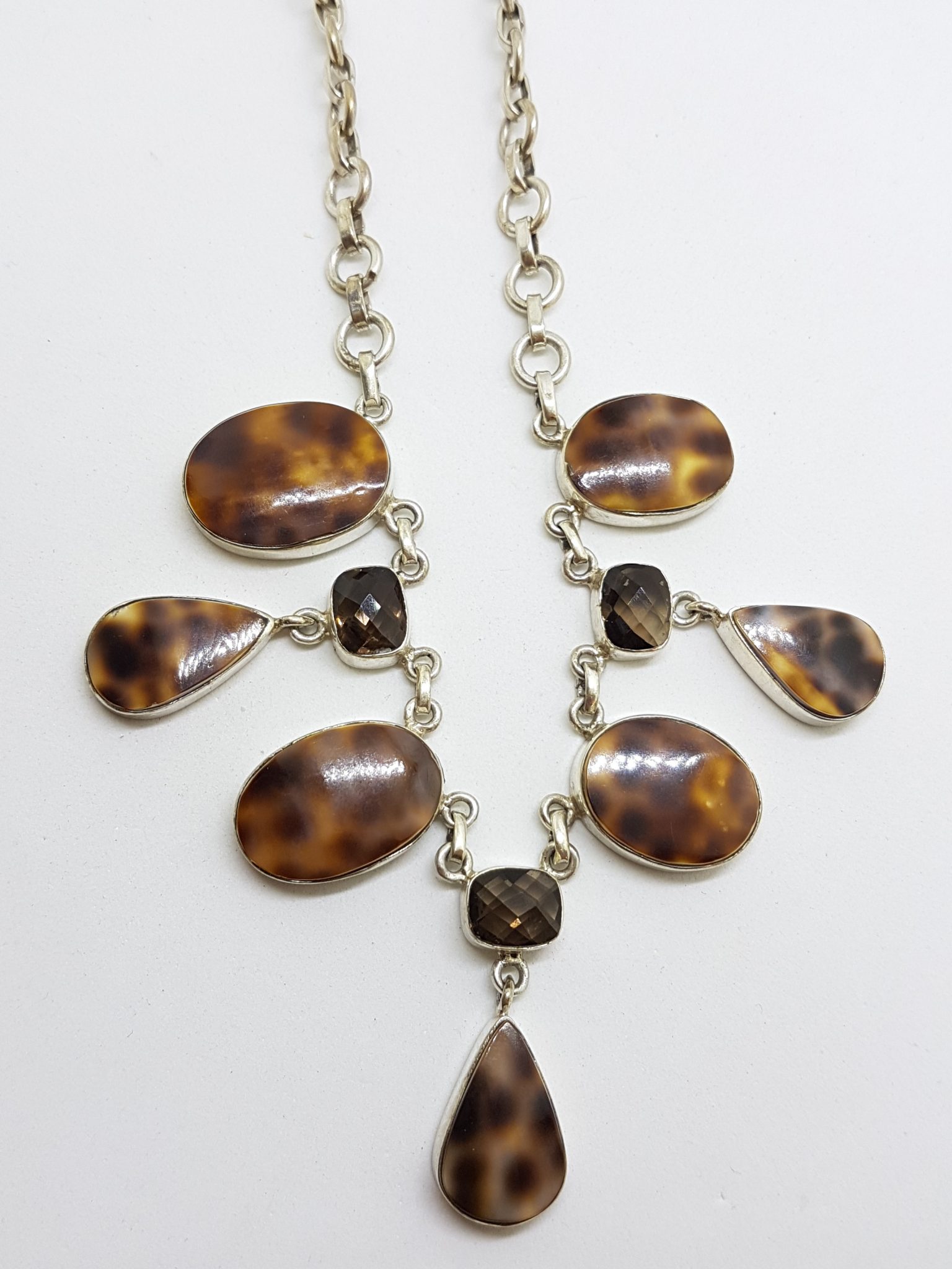 Sterling Silver Smokey Quartz and Brown Shell Long Chain / Necklace