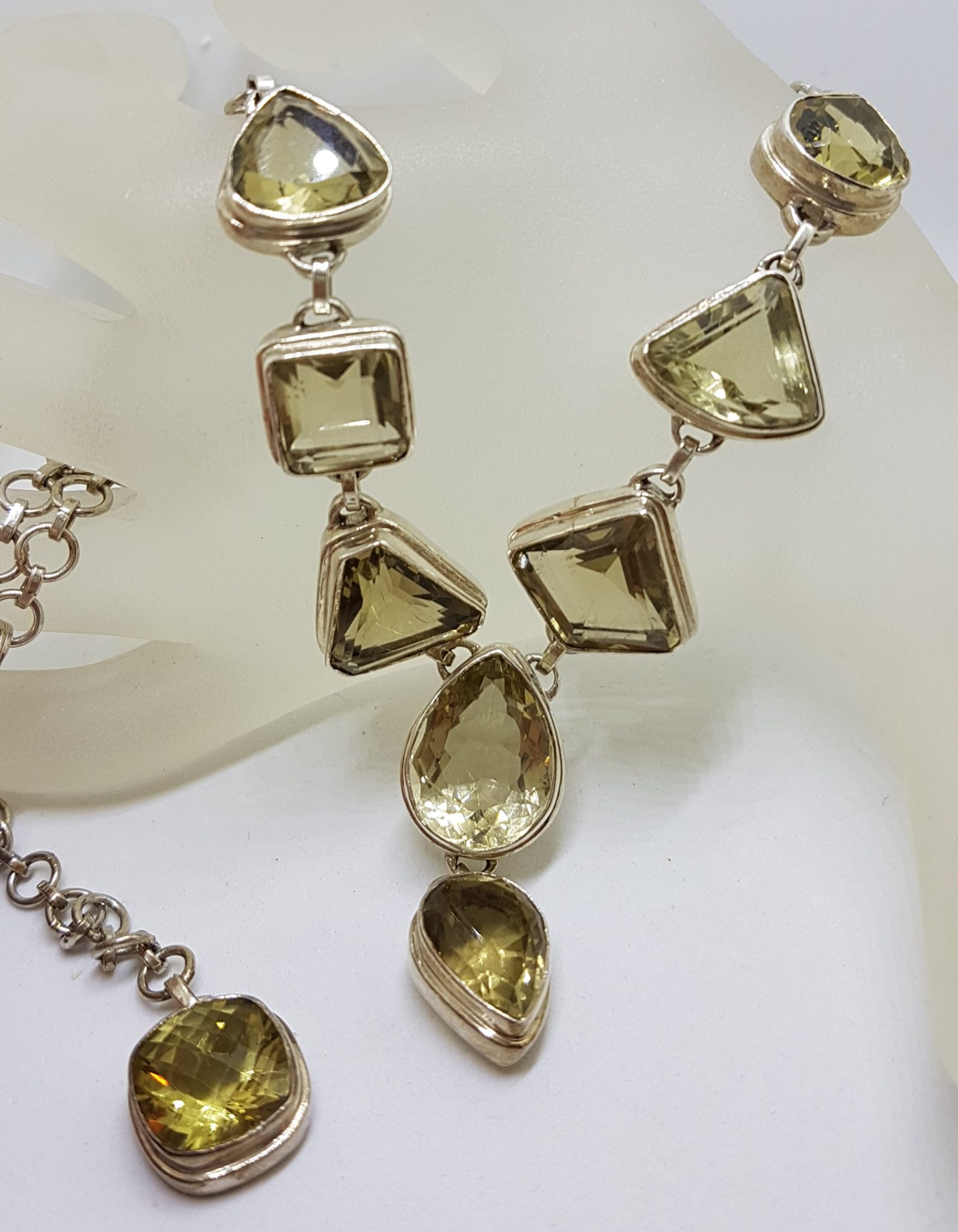 Sterling Silver Mix of Shapes Citrine Nine Stone Drop Necklace / Chain - Bezel Set