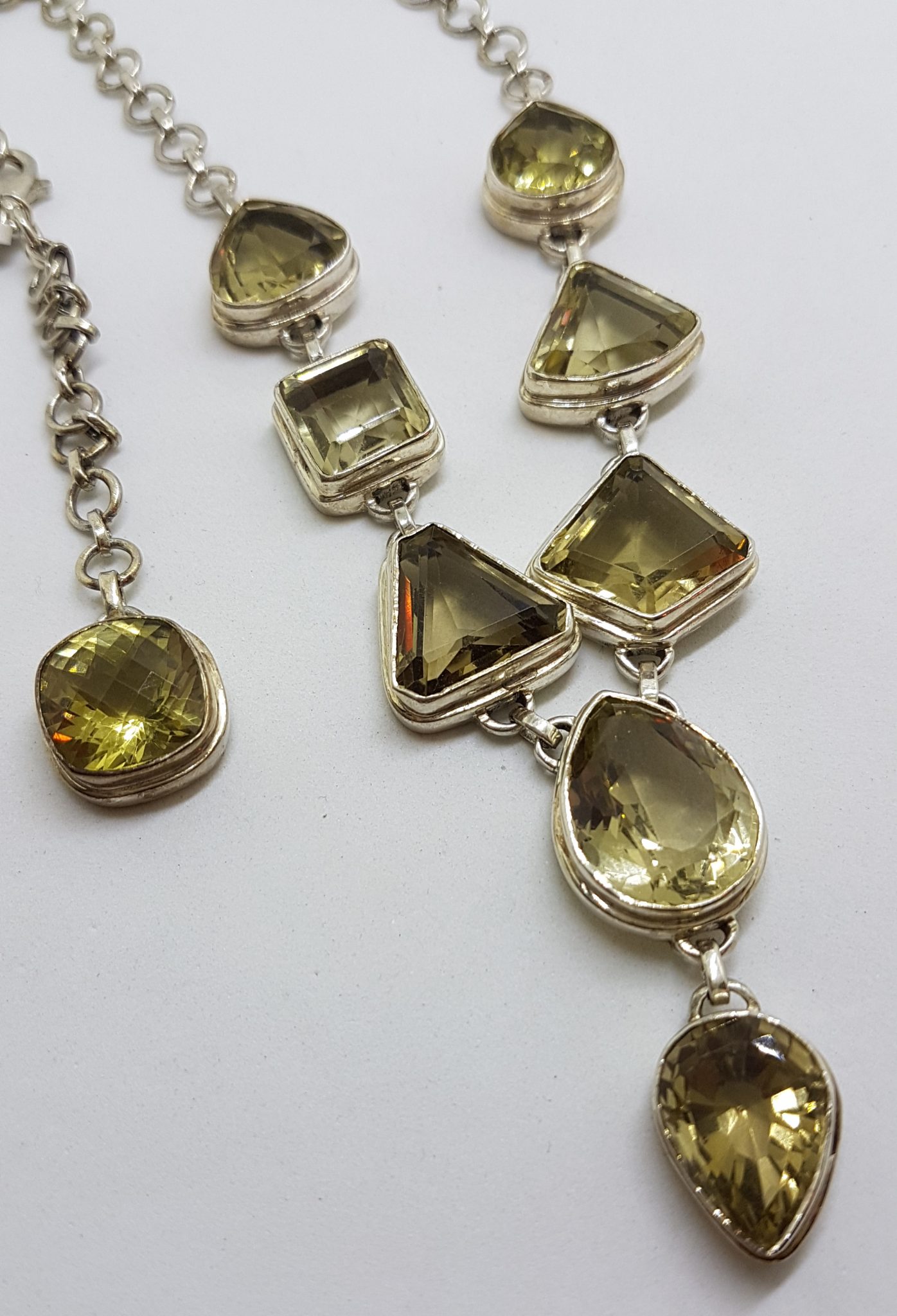 Sterling Silver Mix of Shapes Citrine Nine Stone Drop Necklace / Chain - Bezel Set