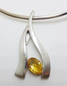 Sterling Silver Curved Citrine Pendant on Silver Choker / Chain