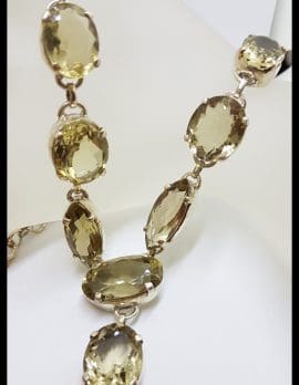 Sterling Silver Oval & Marquis Shape Citrine Nine Stone Drop Necklace / Chain - Bezel Set