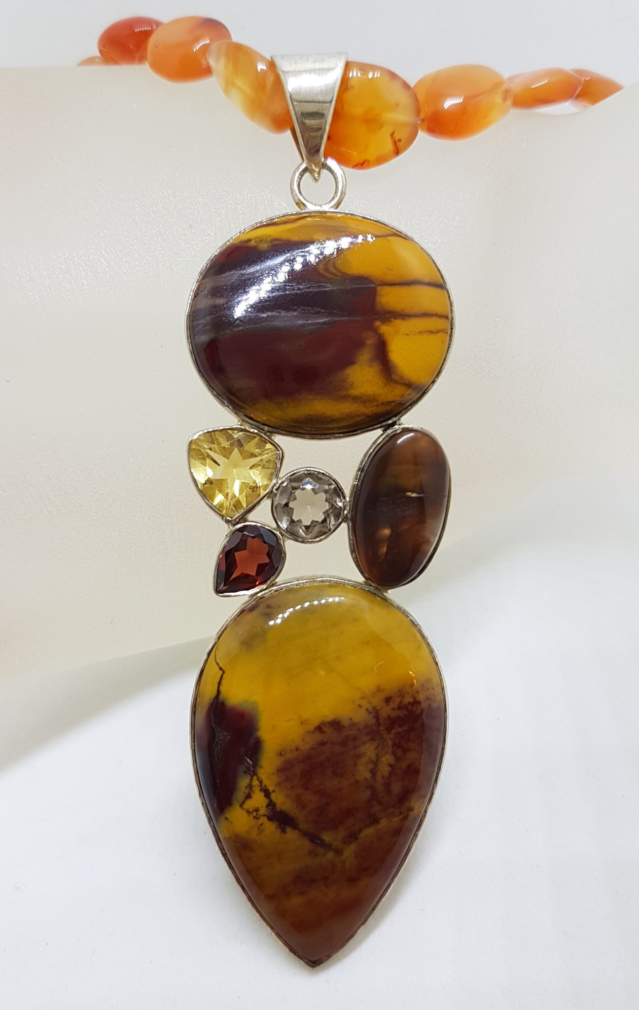 20200815_135502 Sterling Silver Long Mookaite with Garnet, Amethyst, Citrine and Pendant on Carnelian Bead Chain