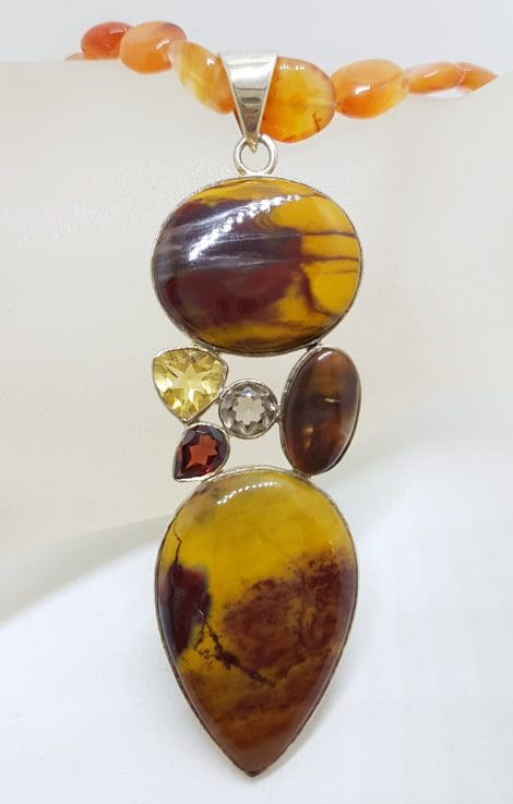 Sterling Silver Long Mookaite with Garnet, Amethyst, Citrine and Pendant on Carnelian Bead Chain