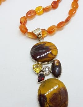 Sterling Silver Long Mookaite with Garnet, Amethyst, Citrine and Pendant on Carnelian Bead Chain