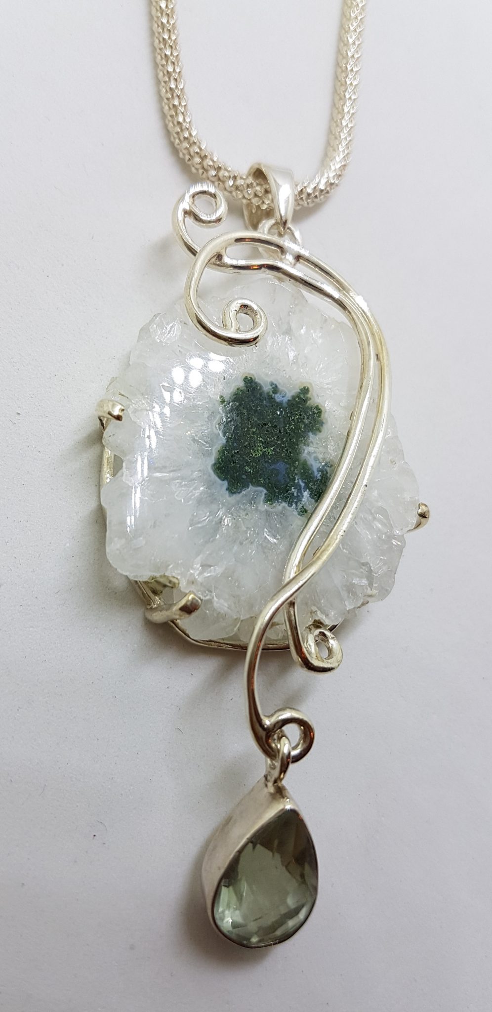 20200815_135544 Sterling Silver Long Ornate Solar Quartz with Green Amethyst / Prasiolite Pendant on Silver Chain