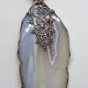 Sterling Silver Very Large Agate with Ornate Filigree Top Pendant on Silver Choker Chain / Necklace