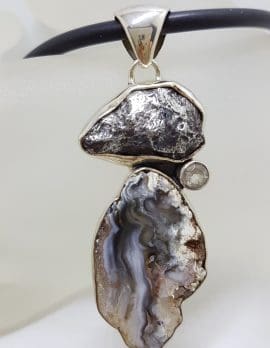 Sterling Silver Meteorite, Clear Crystal Quartz and Agate Large Pendant on Black Chain / Necklace