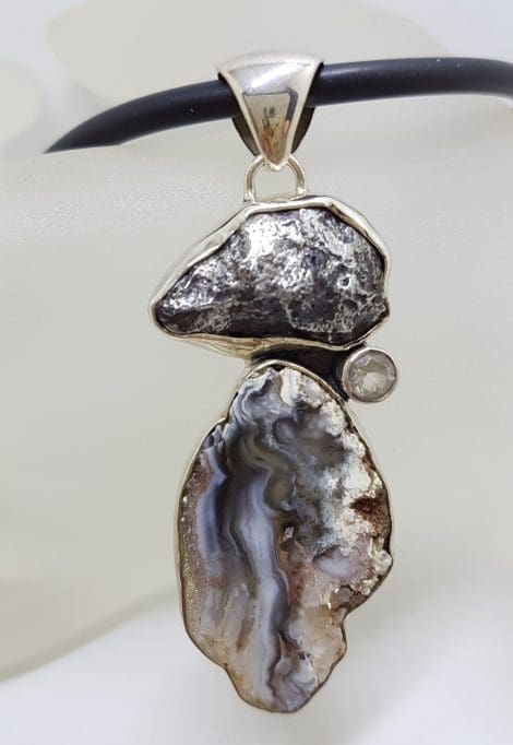 Sterling Silver Meteorite, Clear Crystal Quartz and Agate Large Pendant on Black Chain / Necklace