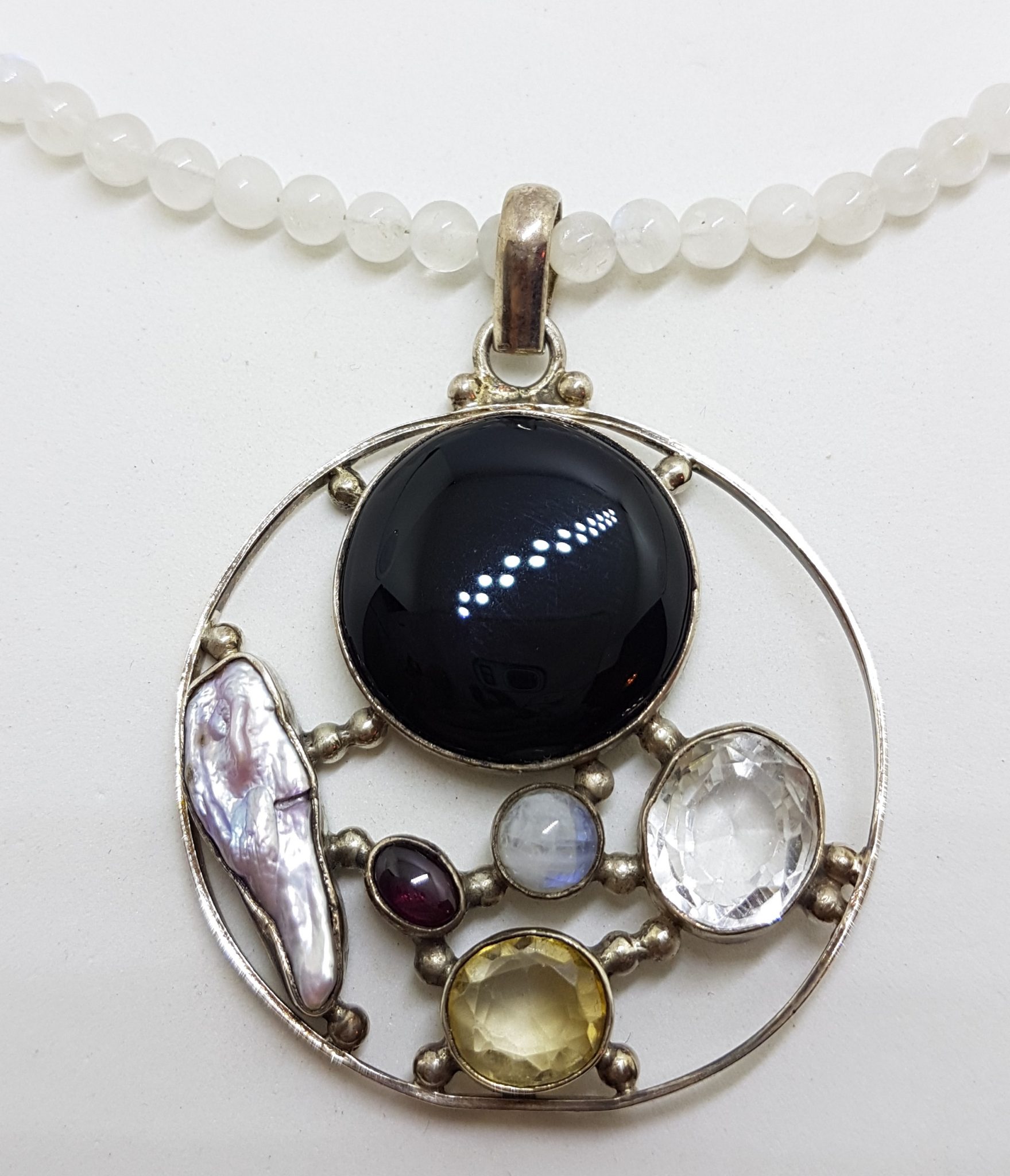 Sterling Silver Large Round Cluster Pendant with Onyx, Clear Quartz, Pearl, Moonstone, Garnet and Citrine on Rose Quartz Bead Necklace