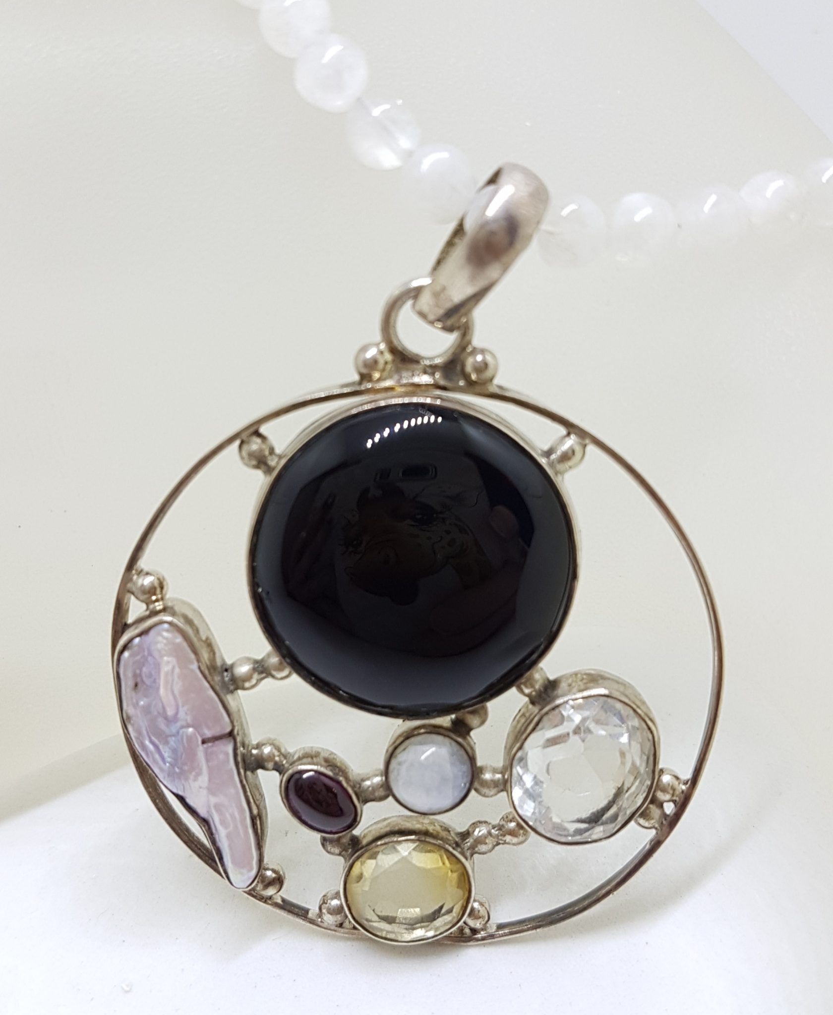 Sterling Silver Large Round Cluster Pendant with Onyx, Clear Quartz, Pearl, Moonstone, Garnet and Citrine on Rose Quartz Bead Necklace