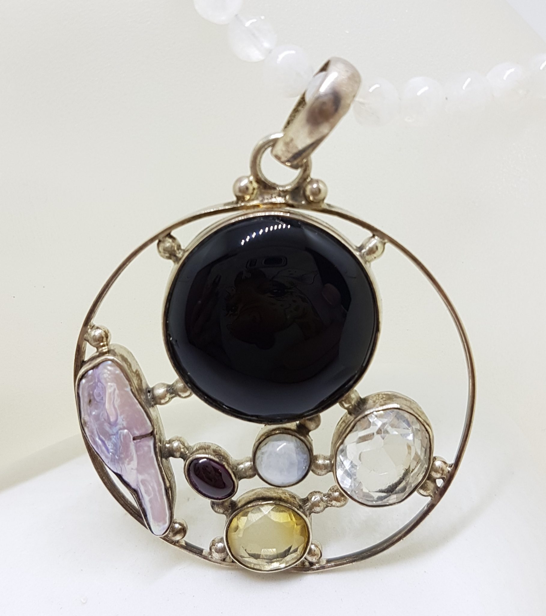 Sterling Silver Large Round Cluster Pendant with Onyx, Clear Quartz, Pearl, Moonstone, Garnet and Citrine on Rose Quartz Bead Necklace